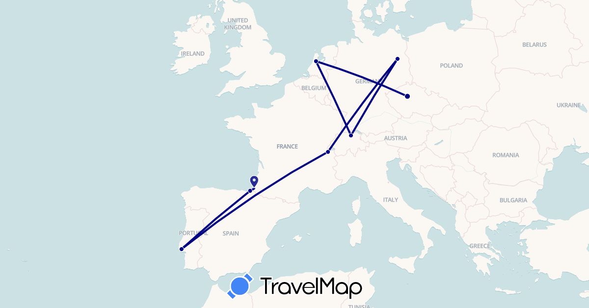 TravelMap itinerary: driving in Switzerland, Czech Republic, Germany, Spain, France, Netherlands, Portugal (Europe)